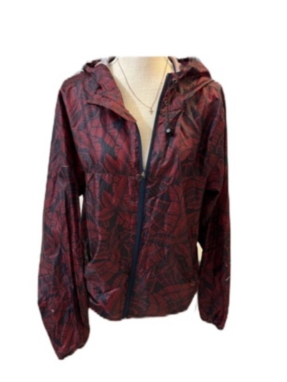 Women's Red Leaf-Print Hooded Bomber Jacket
